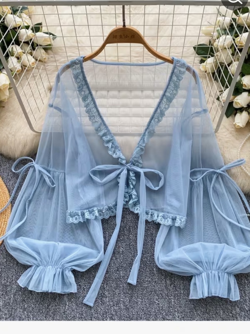 Sheer Light Blue Lace-Up Mesh Top with Lantern Sleeves
